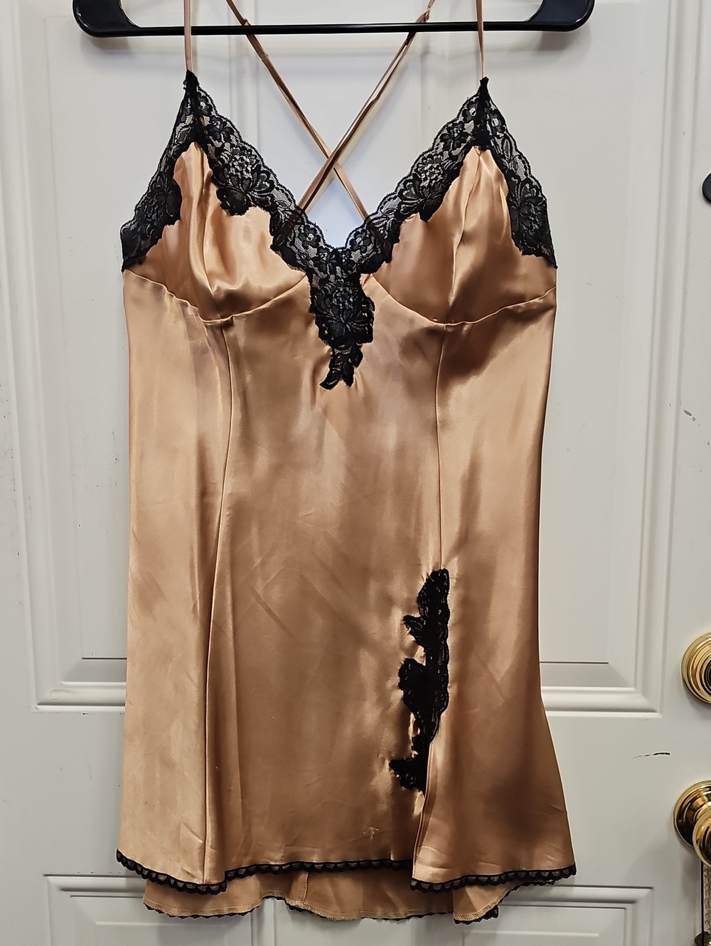 Frederick's of Hollywood Gold Satin Chemise with Black Lace Trim